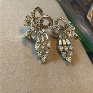 Crystal Bow Drop Earrings - Gold Tone